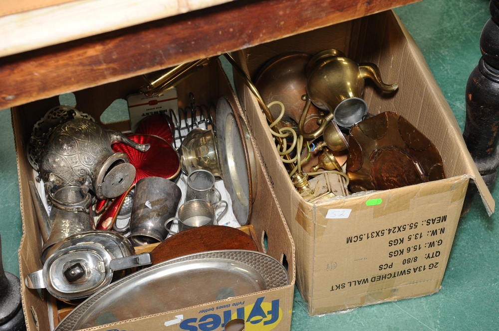 Two boxes inc. copper, brass and silver plate etc.