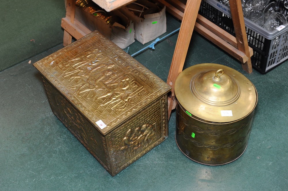 A brass coal box tog. with a brass log bin and a companion set