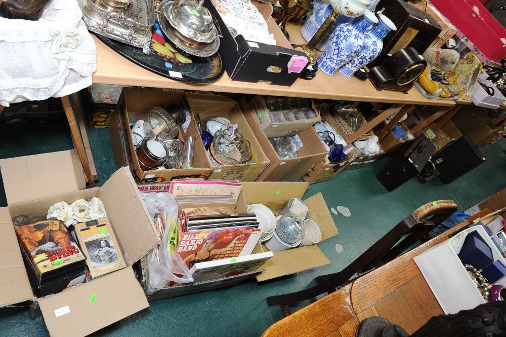 Eleven boxes inc. LP`s, pottery planters, VHS tapes, oil lamp, oak tobacco jar, glass, tea sets,