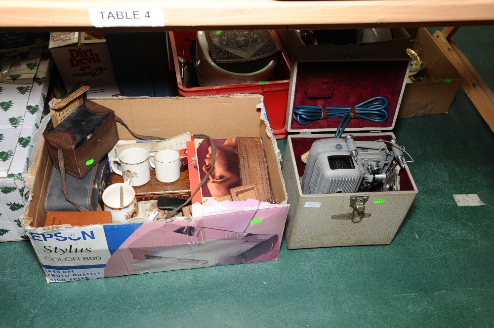 A box inc. Royal Commemorative mugs, vintage Coronet camera, wooden desk top cigarette dispenser,