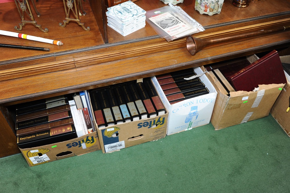 Four boxes of reference books inc. Encyclopedia Britannica, Yearbook of Science and the Future etc.