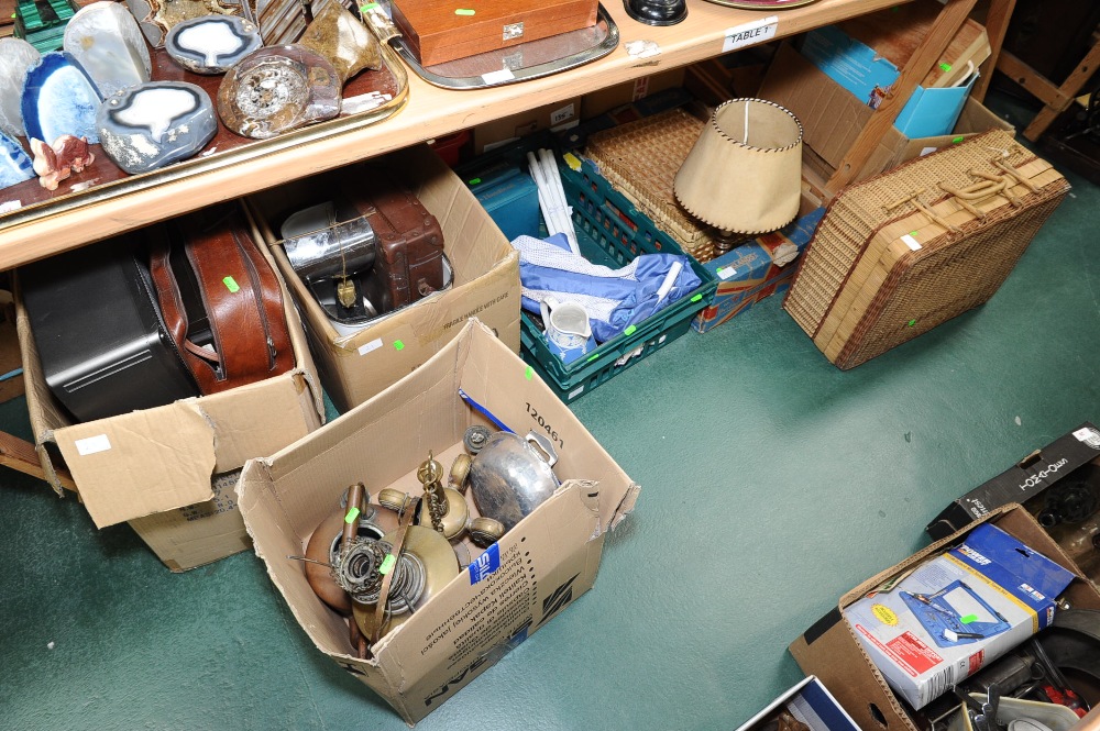 Six boxes inc. brass lamps and light fittings, vintage leather case, wicker baskets etc.