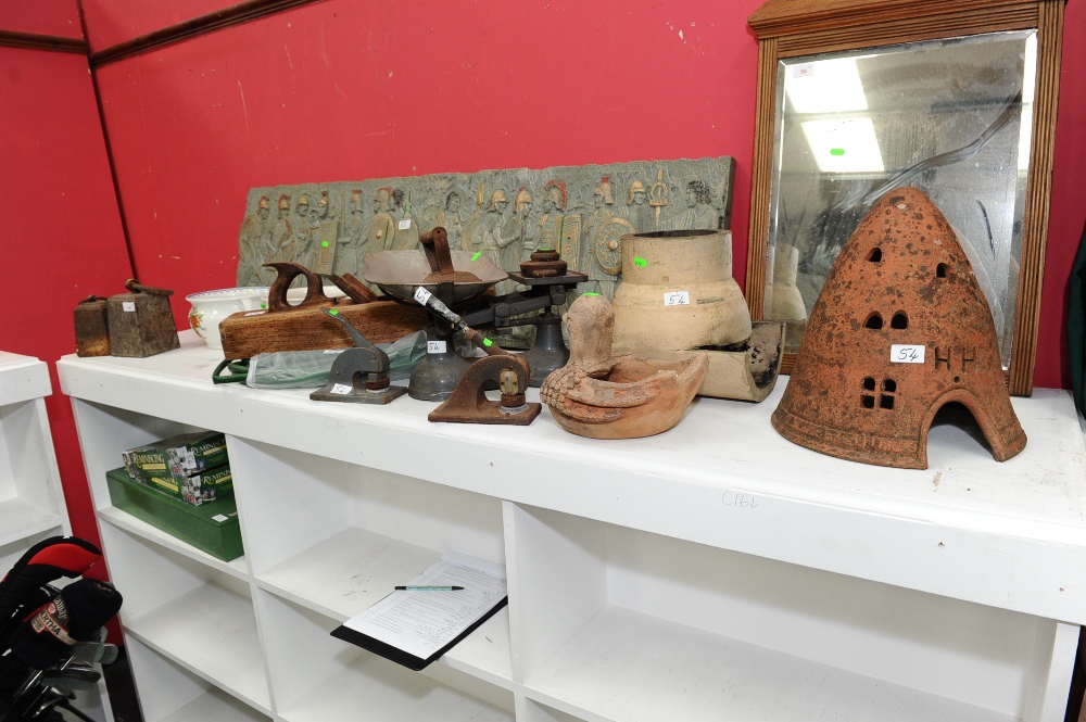 A group inc. a terracotta frog house, vintage scales, joiner`s plane, bell weights, vintage letter