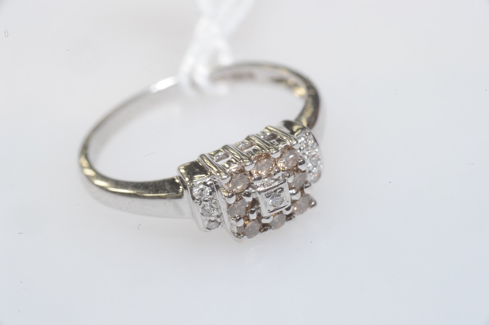 A diamond cluster ring, set with champagne diamonds, on an 18ct white gold band. Ring size M