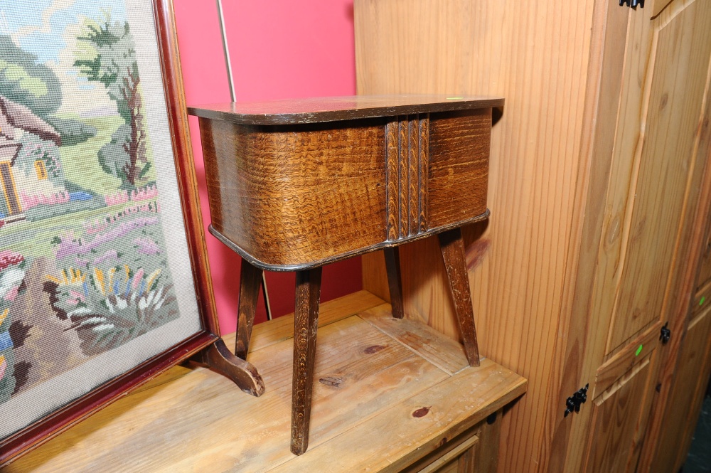 A vintage oak workbox and a firescreen (2)