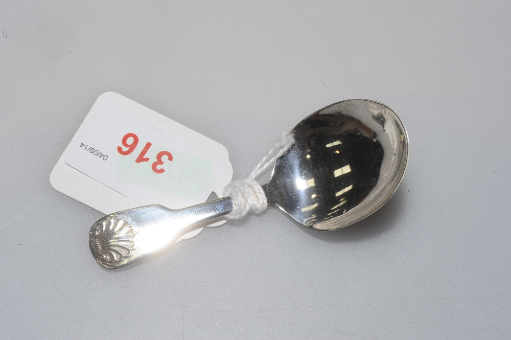 A George III silver caddy spoon, fiddle and shell, marked for London 1818