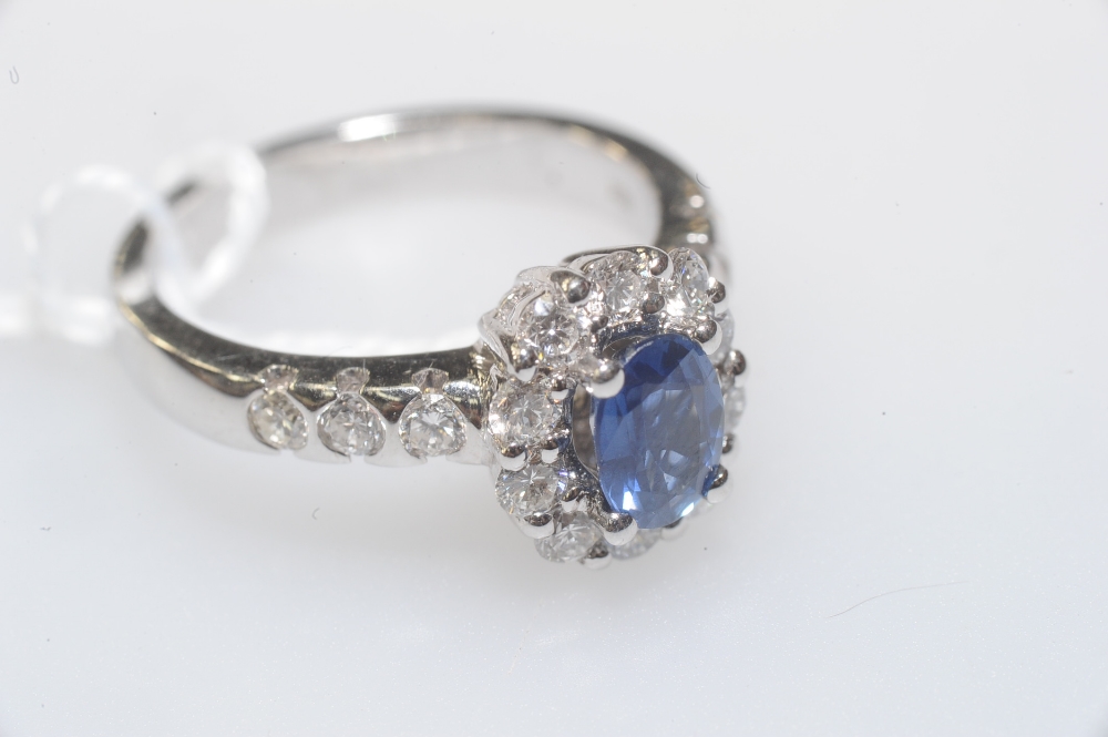 A sapphire and diamond cluster ring, the oval-cut sapphire within a band of round brilliant-cut