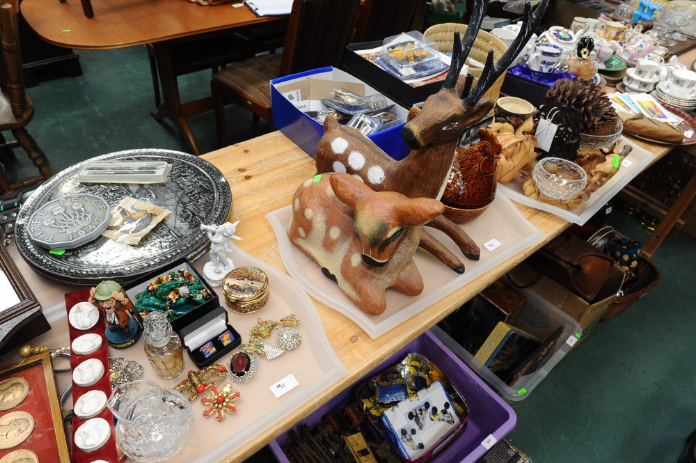 Four trays inc. animal models, hen egg basket, costume jewellery, souvenir wares etc