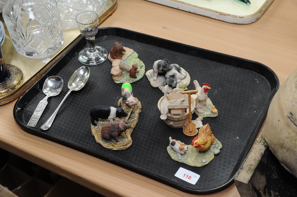 A tray inc. Border Fine Arts models, silver plated spoons and dram glass
