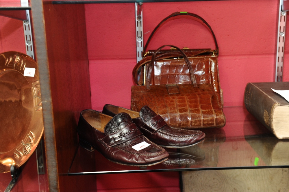 Three vintage crocodile leather hand bags together with a pair of vinage Italian Iguana leather