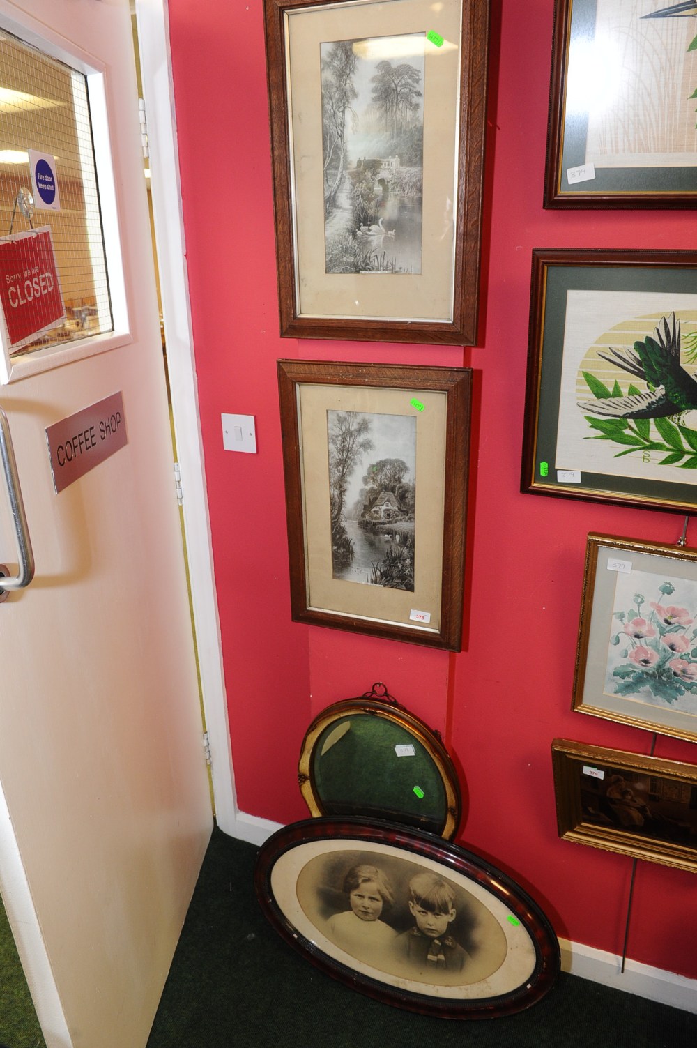 Two Edwardian monochrome prints in oak frames, a photograph of children and a small wall mirror (4)