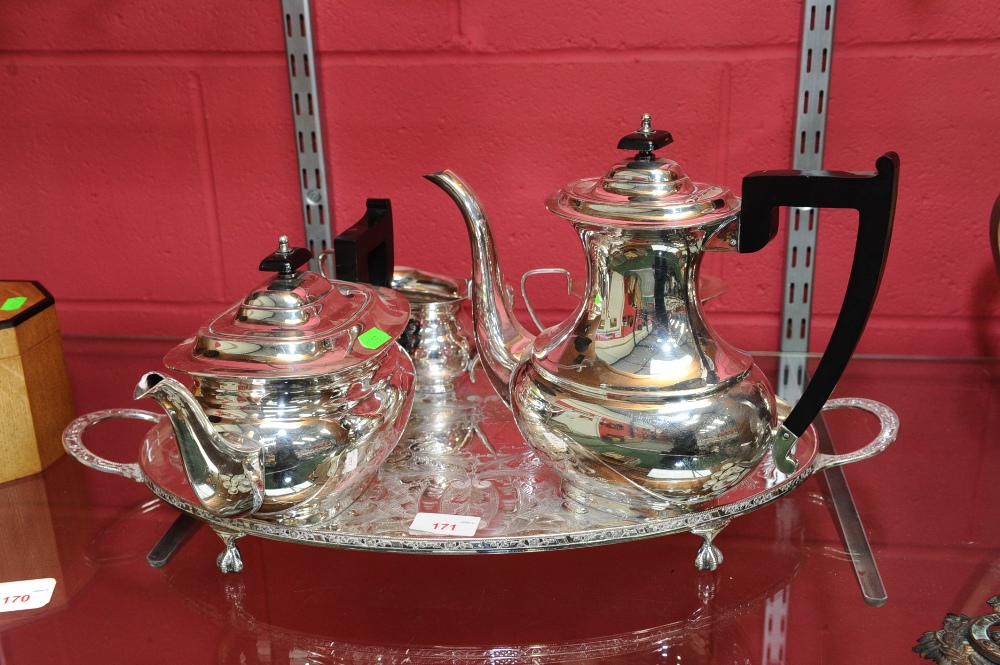 A silver plated four piece tea service on footed twin handled tray