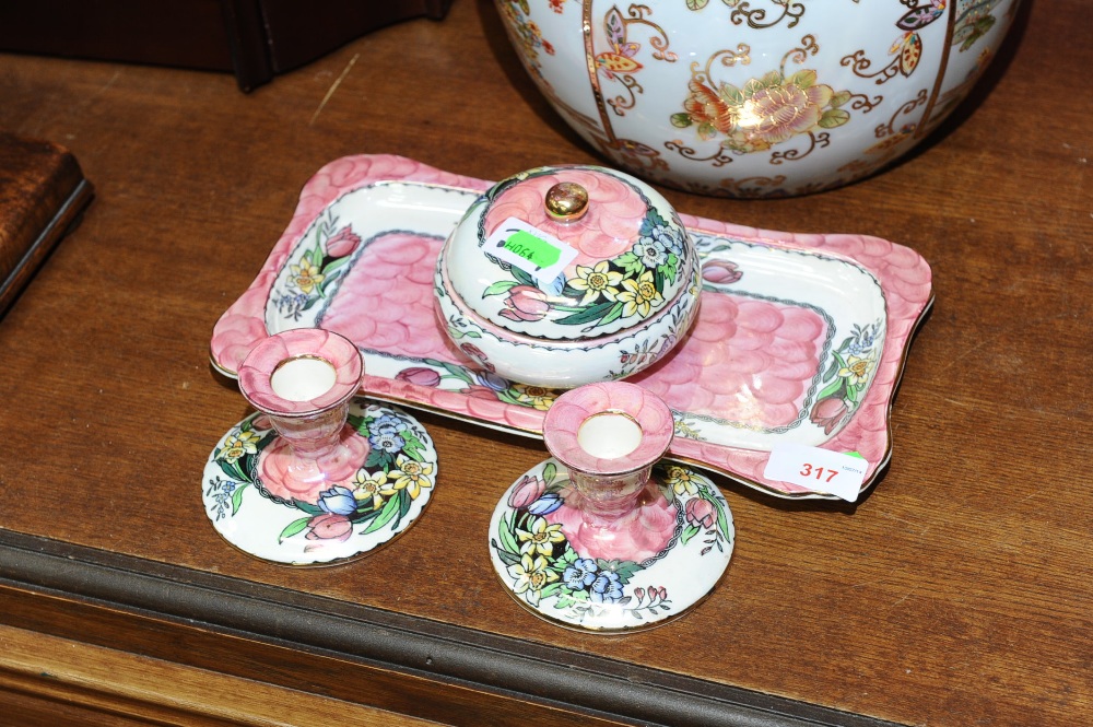 A 1930`s Maling pink lustre dressing table set