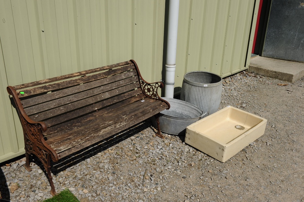 A slatted garden bench in period style, two galvanised tubs and a sink (4)