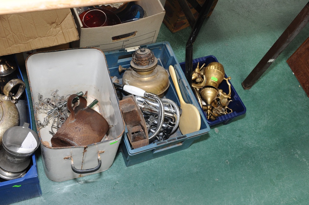 Three boxes inc. oil lamp, shower fitting, brass etc