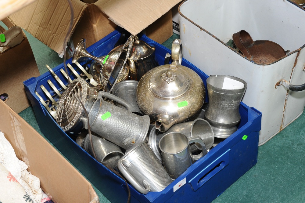A box inc. pewter tankards, silver plate etc
