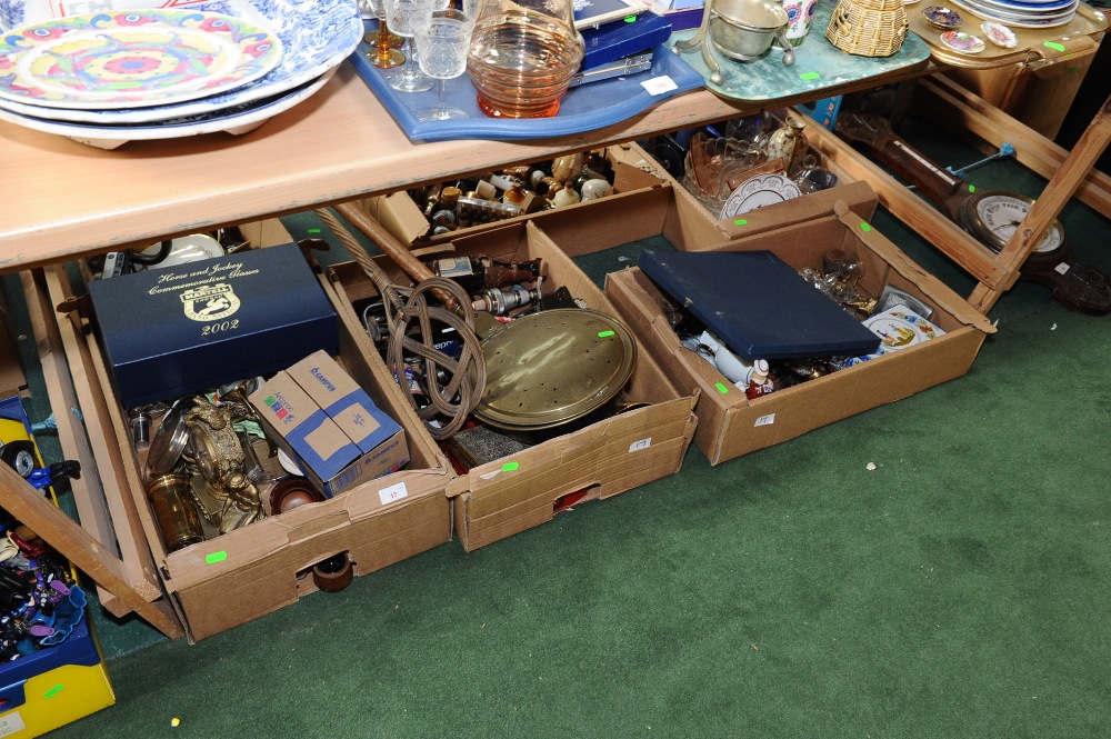 Three boxes inc. brass warming pan, pub optics, composition mantel clock, pressed glass etc