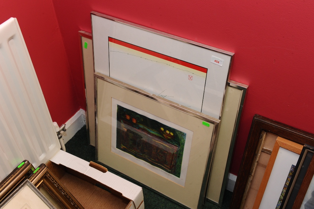 Three late 20th century coloured etchings, in chrome coloured frames (3)