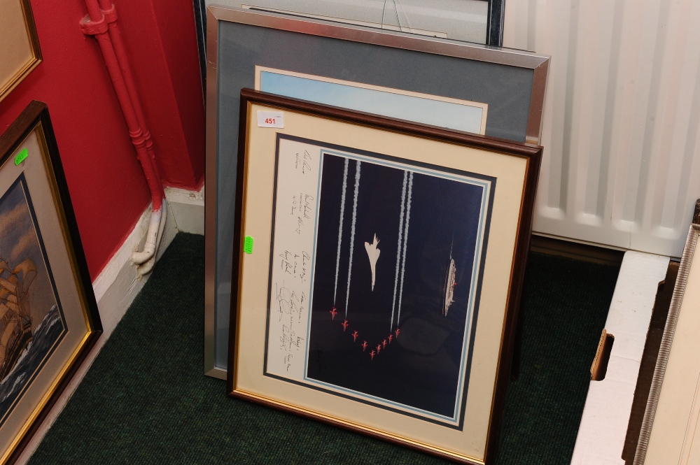 A signed print of The Red Arrows with Concorde and the QE 11 together with other prints of