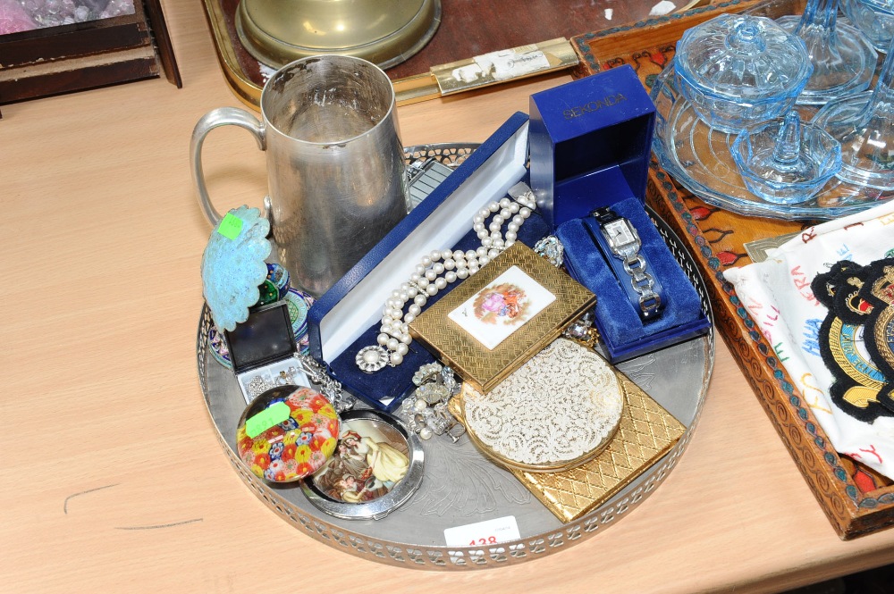 A tray inc. costume jewellery, enamel painted peacock model, tankard etc