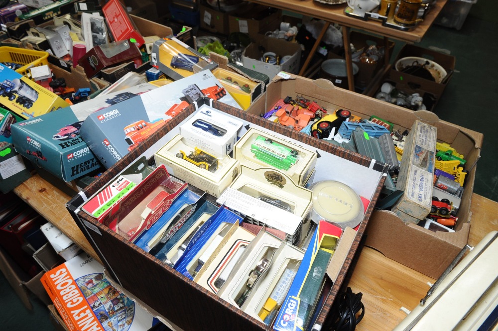Three boxes of boxed and unboxed model vehicles inc. Corgi, Dinky etc.