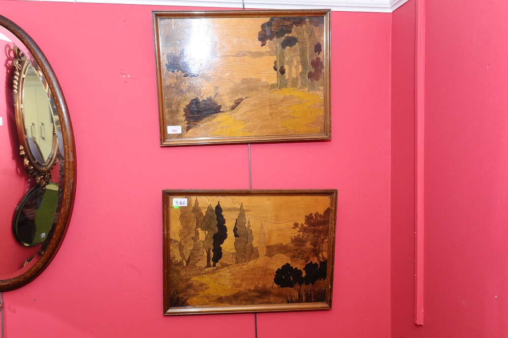 A pair of Sorrento style ware marquetry pictures, of rural landscapes with trees, framed.