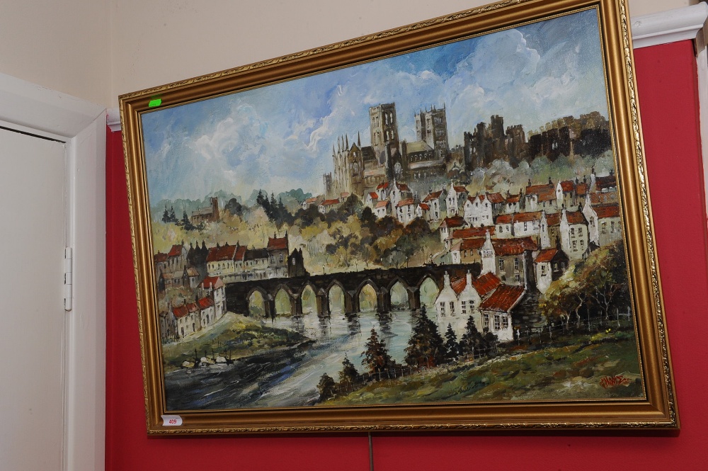 T Moore, 20th century, View of Durham, acyrlic on canvas, signed lower right, framed.