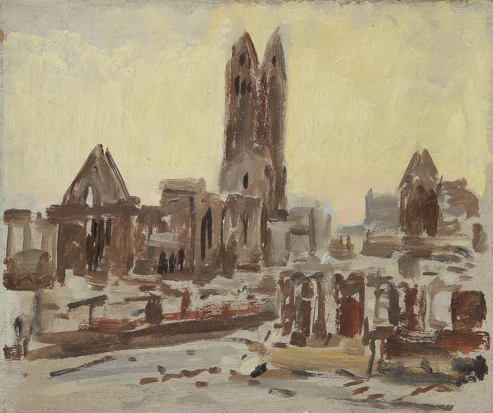 Leonid Romanovitch Sologoub (1884, Eïsk - 1956, La Haye) Quatre huiles sur carton : Ruine d’une
