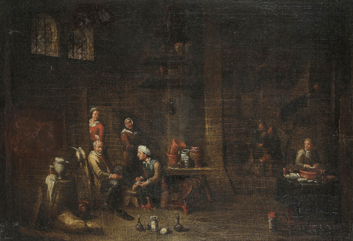 École ITALIENNE du XVIIIe siècle, dans le goût de David TENIERS  L?Opération du pied  Toile