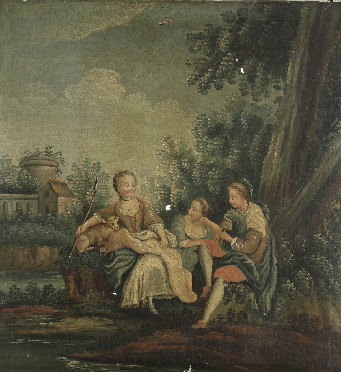 École FRANÇAISE vers 1800  Jeunes bergères  Sur sa toile d?origine, un trumeau.  84 x 77 cm