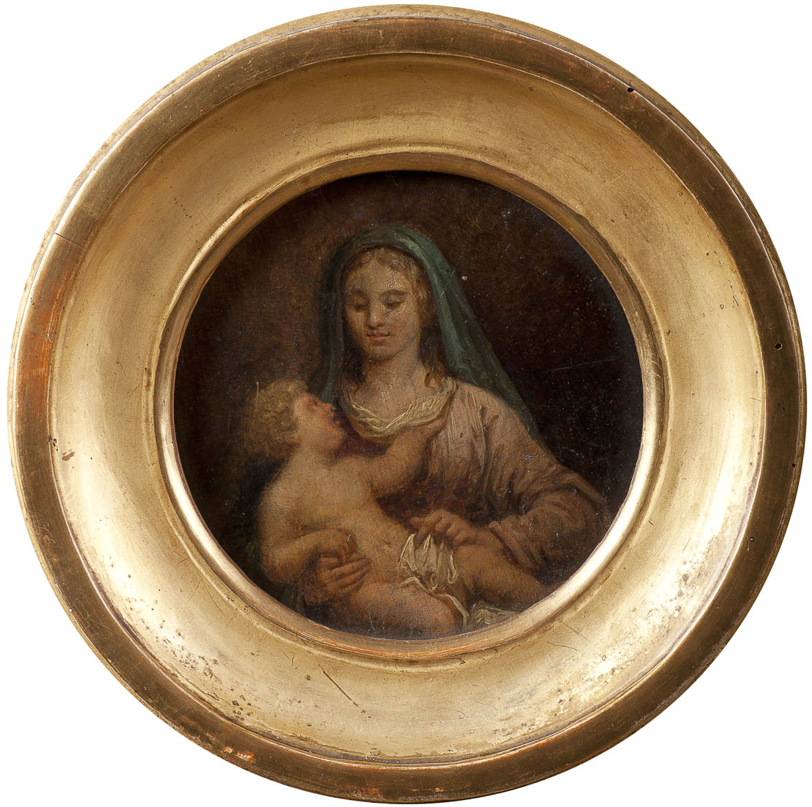 École ITALIENNE du XVIIIe siècle La Vierge à l?Enfant Panneau rond. Diamètre : 16,5 cm