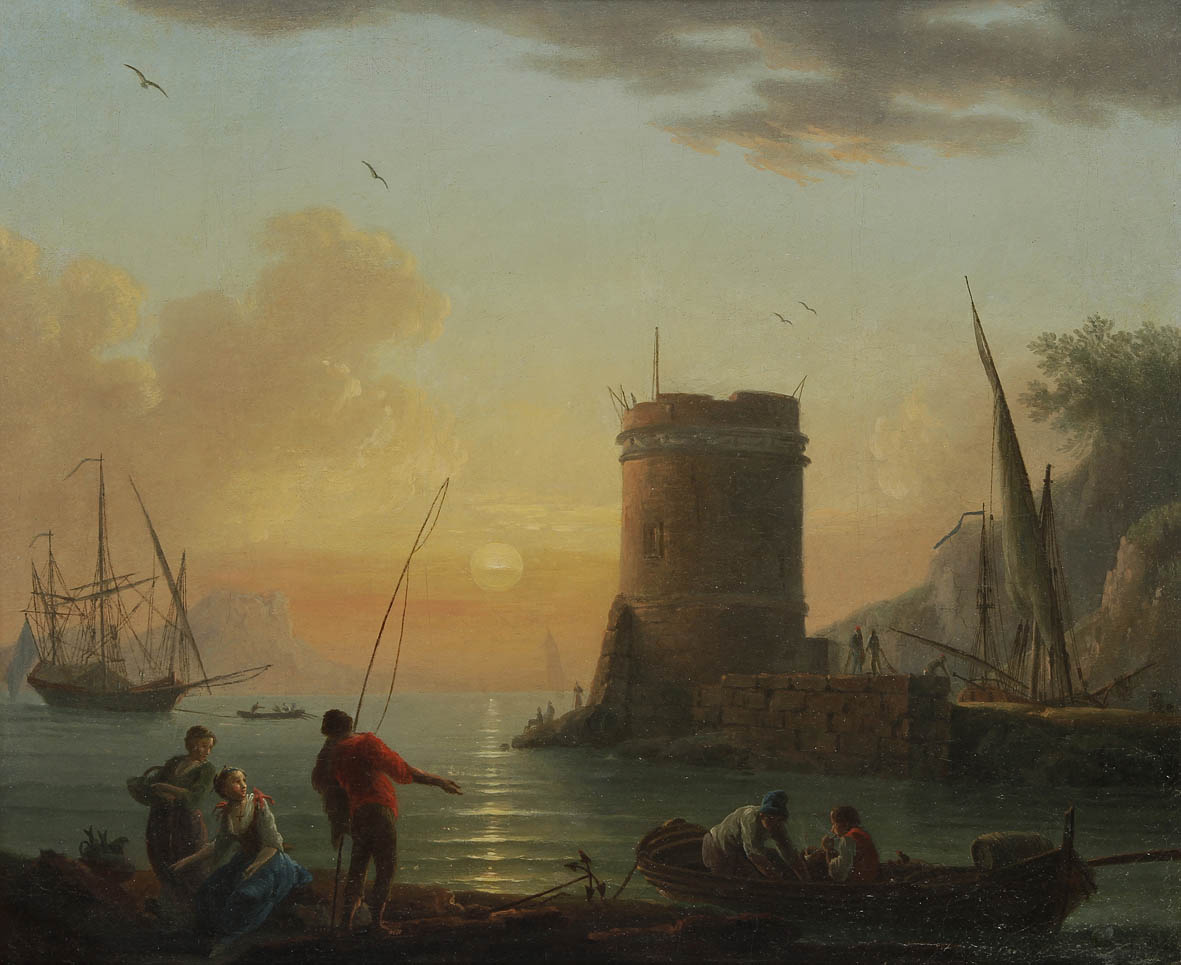 École FRANÇAISE de la fin du XVIIIe siècle, atelier de Joseph VERNET  Port méditerranéen au coucher