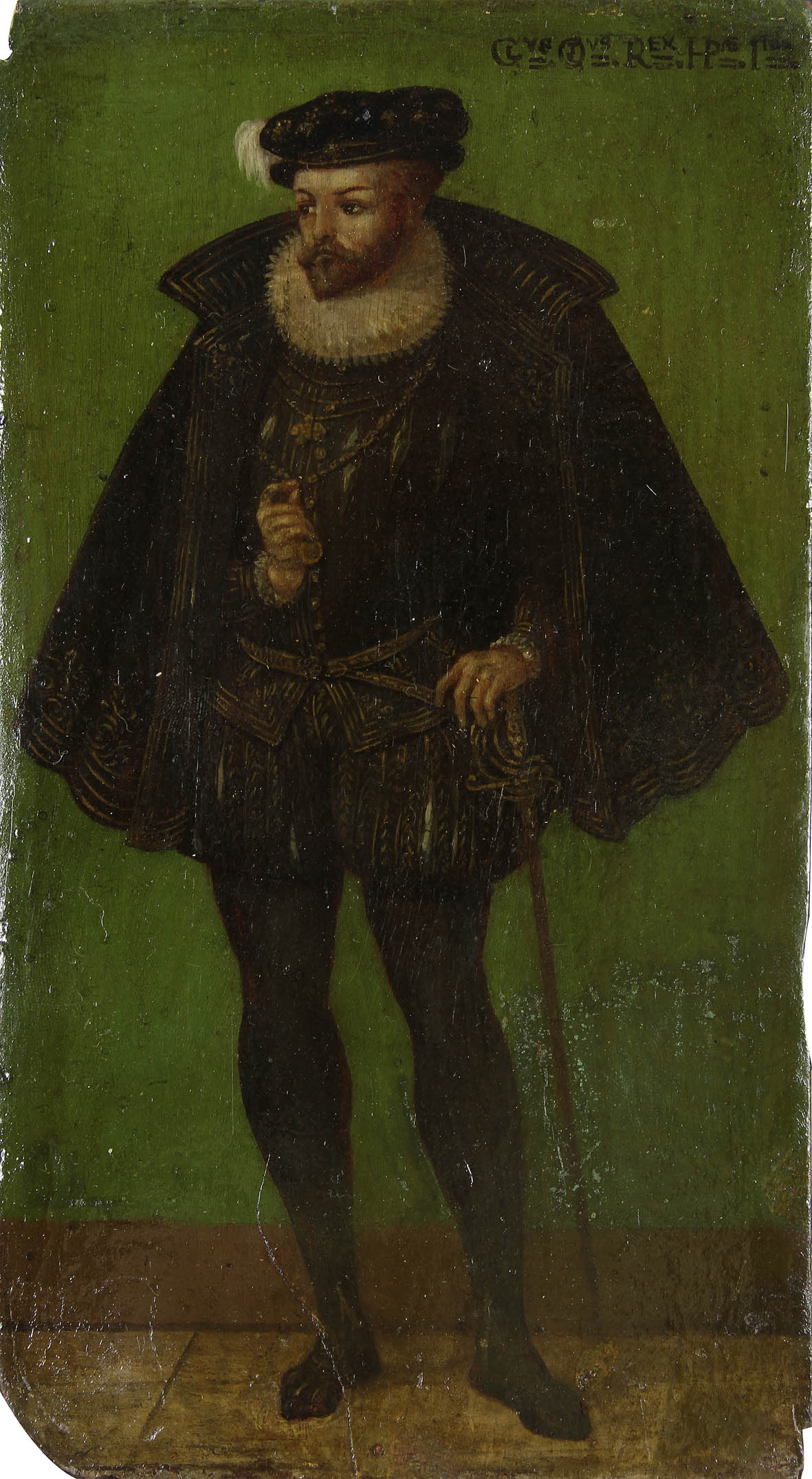 École ITALIENNE du XIXe siècle  Portrait d?un souverain en pied  Panneau.  22 x 12 cm  Inscriptions