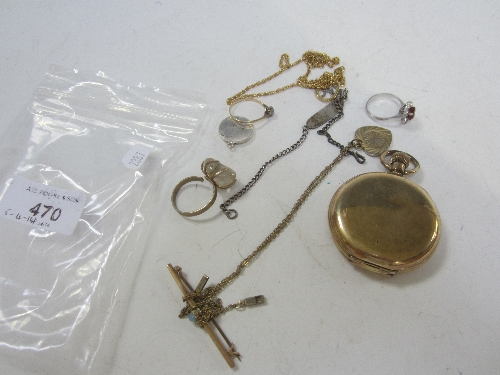 TWO DRESS RINGS, an identity bracelet, hunter pocket watch and other jewellery.