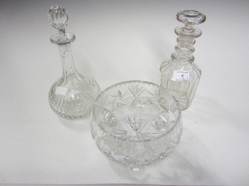 A VICTORIAN CUT GLASS MALLET SHAPE DECANTER, mushroom stopper, 25cm., a Sherry decanter and a lead