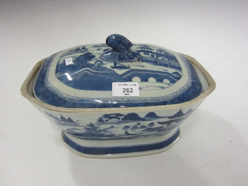 A CHINESE BLUE AND WHITE VEGETABLE TUREEN, decorated with a river landscape, matched domed lid,
