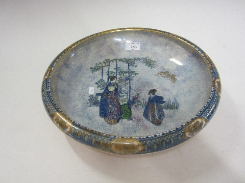 A WILTON WARE POTTERY SHALLOW BOWL, decorated with Japanese figures, opalescent glaze, diameter