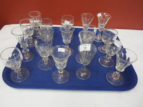 A COLLECTION OF VICTORIAN AND LATER CONICAL SHAPED ALE GLASSES, wine glasses and liqueurs. (18)