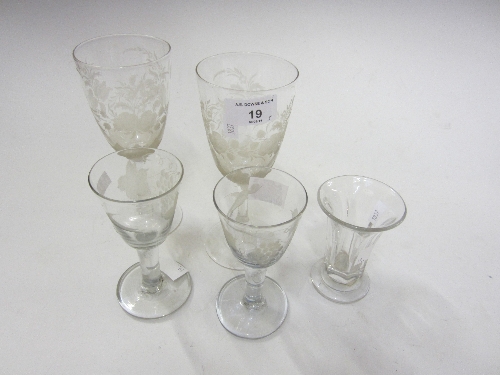 A PAIR OF VICTORIAN GOBLETS, wheel engraved bowls, 18cm., two wine glasses, with wheel engraved