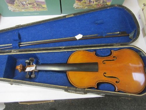 A VIOLIN, 3/4 size, 33.5 cm., honey coloured and striped, two piece back, bears label Antonius