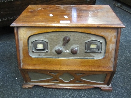 A PYE MAHOGANY CASED CABINET MAINS RADIO, slope front form, width 47cm.