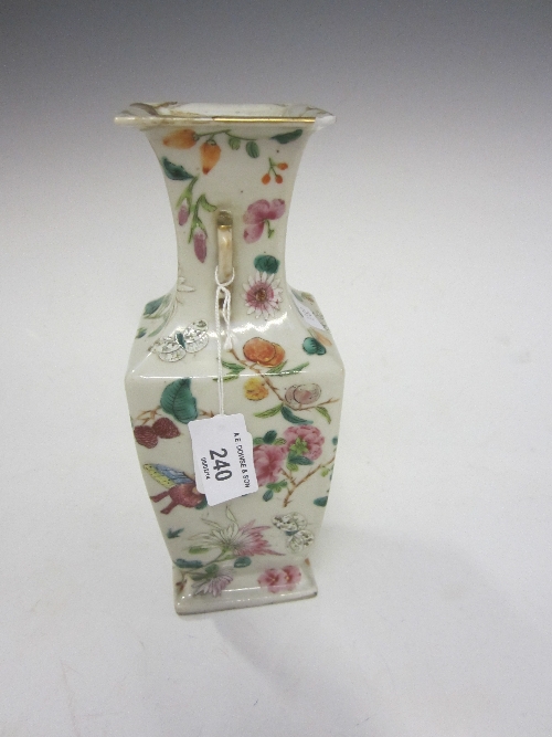 A CHINESE POLYCHROME BALUSTER VASE, of square section, decorated with butterflies, flowers and