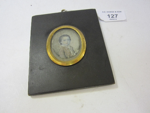 A GEORGIAN OVAL PORTRAIT MINIATURE, a Child, head and shoulders length, 4cm., remounted and framed.