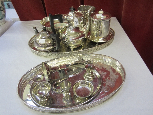 AN ELECTROPLATED OVAL GALLERY TRAY, gadrooned outline, 51cm., a plated biscuit box, siphon stand,
