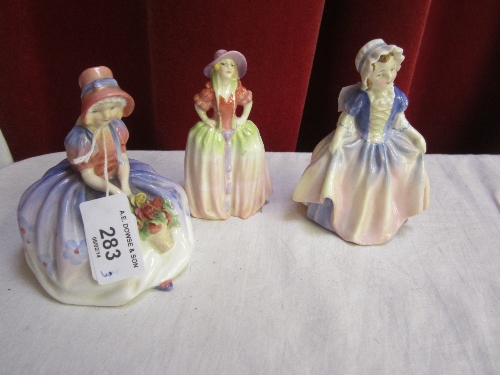 A ROYAL DOULTON FIGURE, Monica, HN1467, 10cm. and two other small Royal Doulton figures, Dinky Do