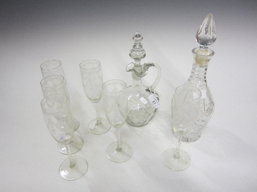 A CUT GLASS MALLET SHAPE DECANTER, pointed stopper, 34cm, a moulded glass claret jug and a set of