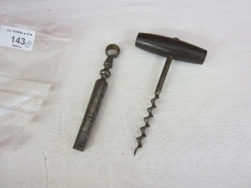 A STEEL CORKSCREW, 19th. century, screw threaded case and another corkscrew. (2)