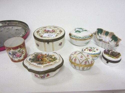 A DRESDEN DISH, painted vignette of figures in a landscape, 13cm., a Limoges beaker and a collection