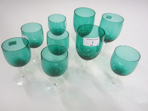 A SET OF SIX WINE GLASSES, with green tinted bowls, 13cm. and three larger glasses. (9)