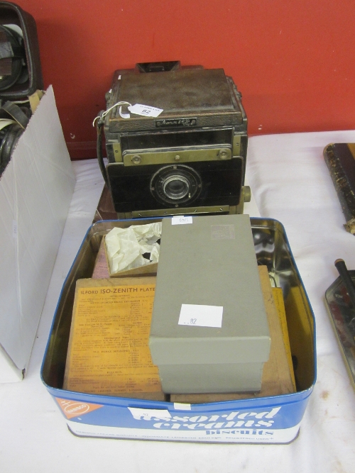 A MARION AND CO LTD PLATE CAMERA, assorted box plates, a Doppel-Anastigmatic no.74437 lens and other